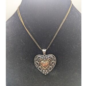Heart Pendant Necklace Double Chain Two Tone Silver Gold Tone Filigree
